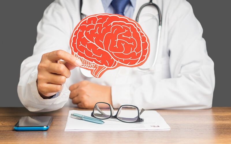 Doctor holding up an illustration of a brain